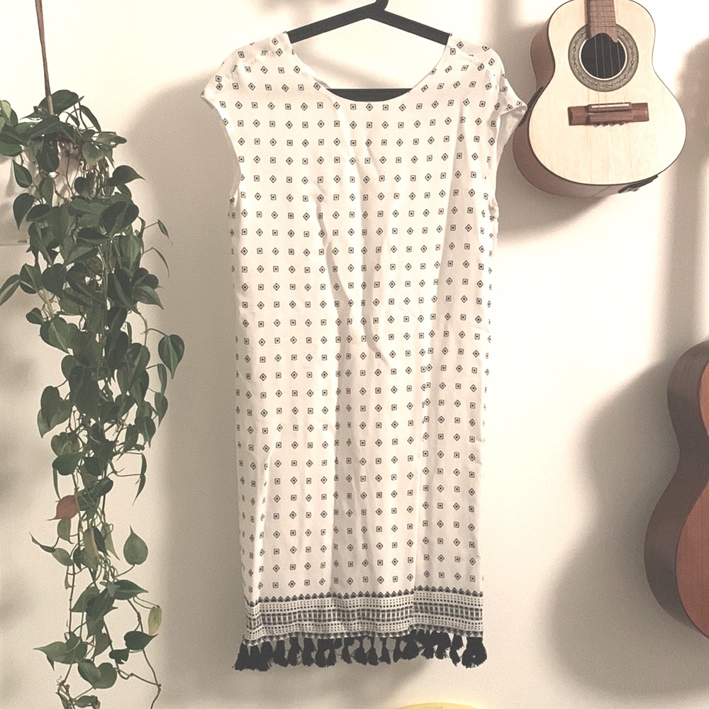 Madewell Scatterblock Print Tassel Sleeveless Mini Dress White & Black Size M